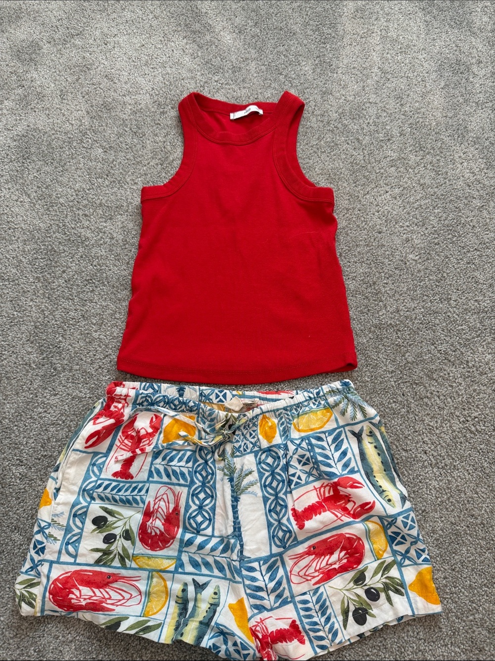 Red Sleeveless Tank Top with Colorful Lobster Print Shorts